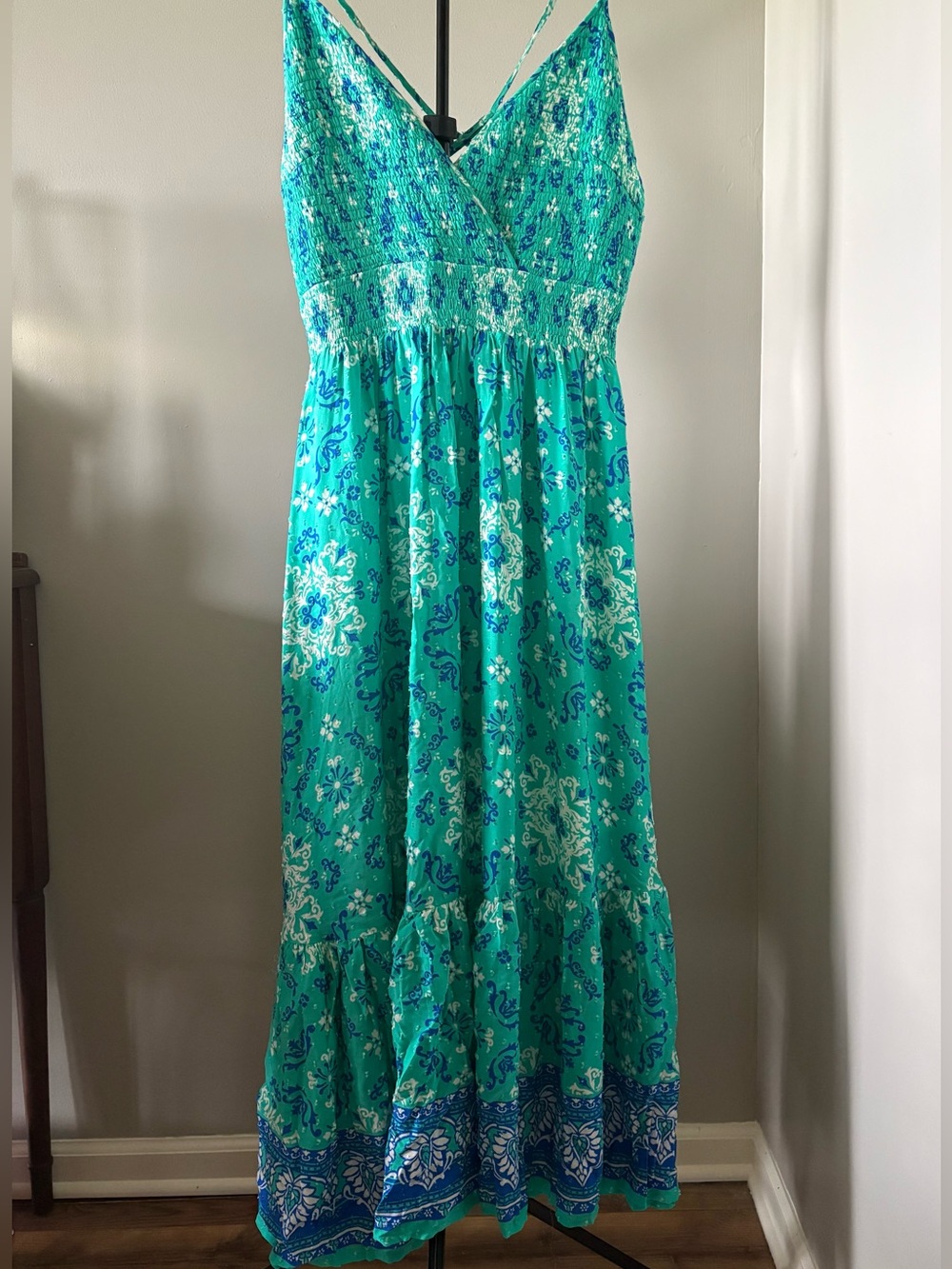 NWOT Flying Tomato Size 2x Teal Green Floral Maxi Dress with Smocked Bodice